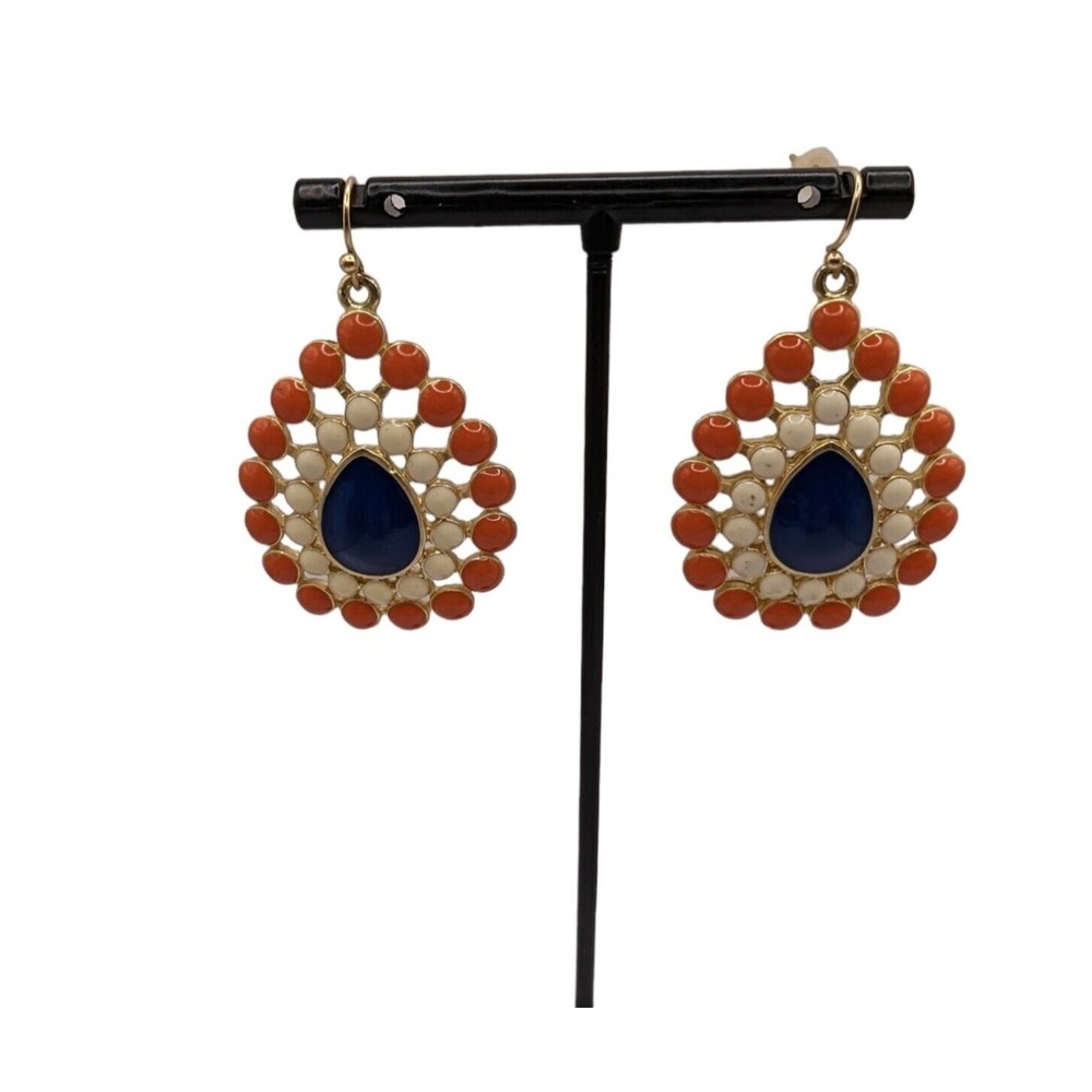 FORNASH Deep Blue Coral & Cream Acrylic Gold Tone Teardrop Dangle Earrings